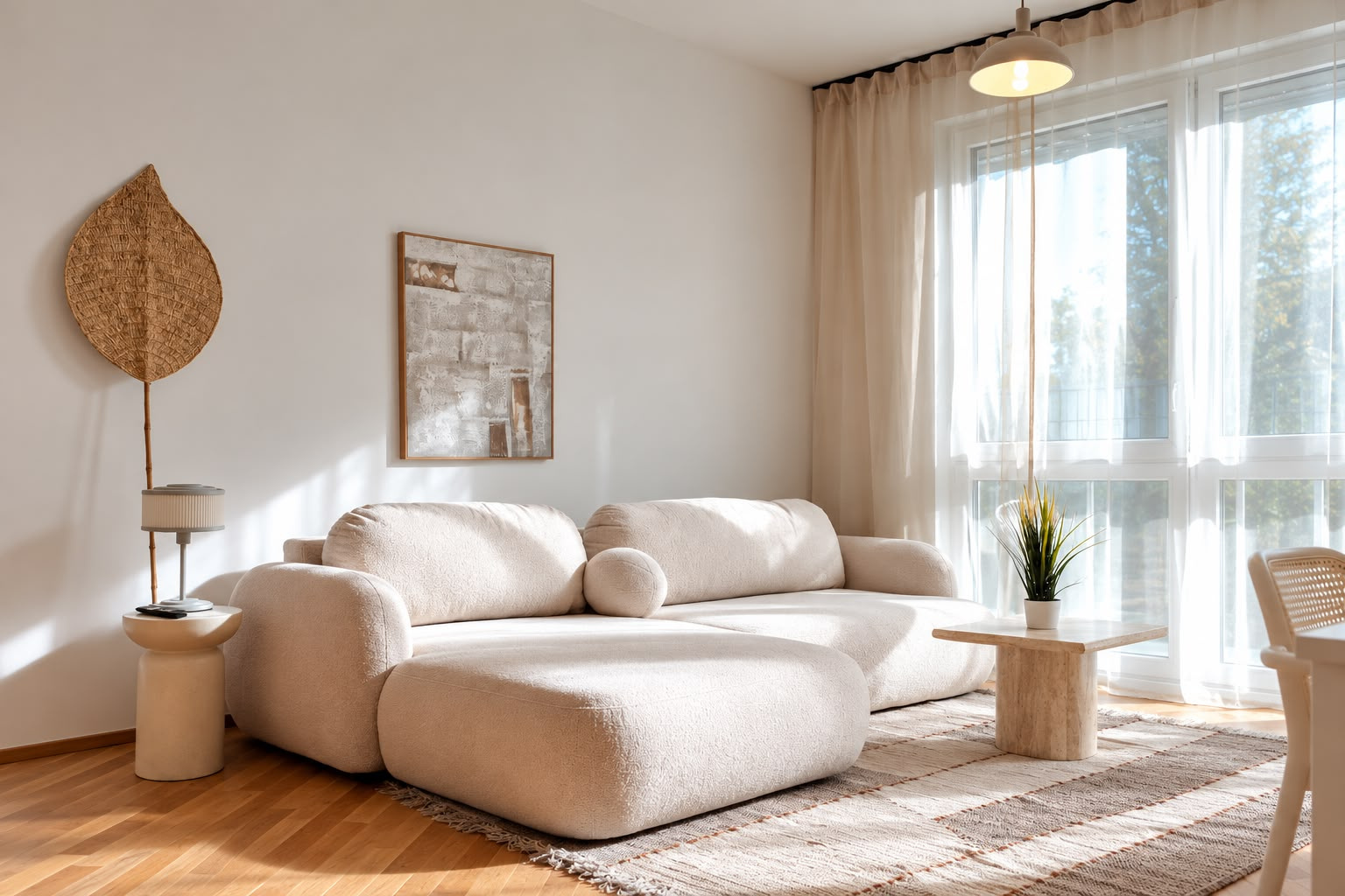 Helles Wohnzimmer mit Sofa im Sonnenlicht